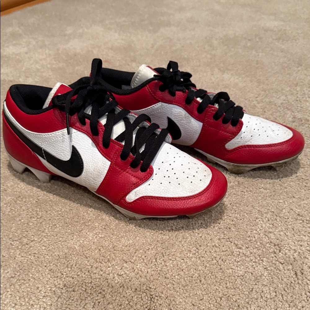 Nike Air Jordan 1 Red and White Football Cleats - Men's 9.5